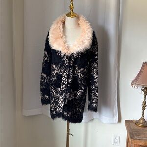 New York & Company Black and Cream Floral Teddy Jacket